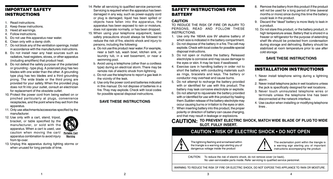 Conair TCR500 warranty Important Safety Instructions, Safety Instructions for Battery, Installation Instructions 