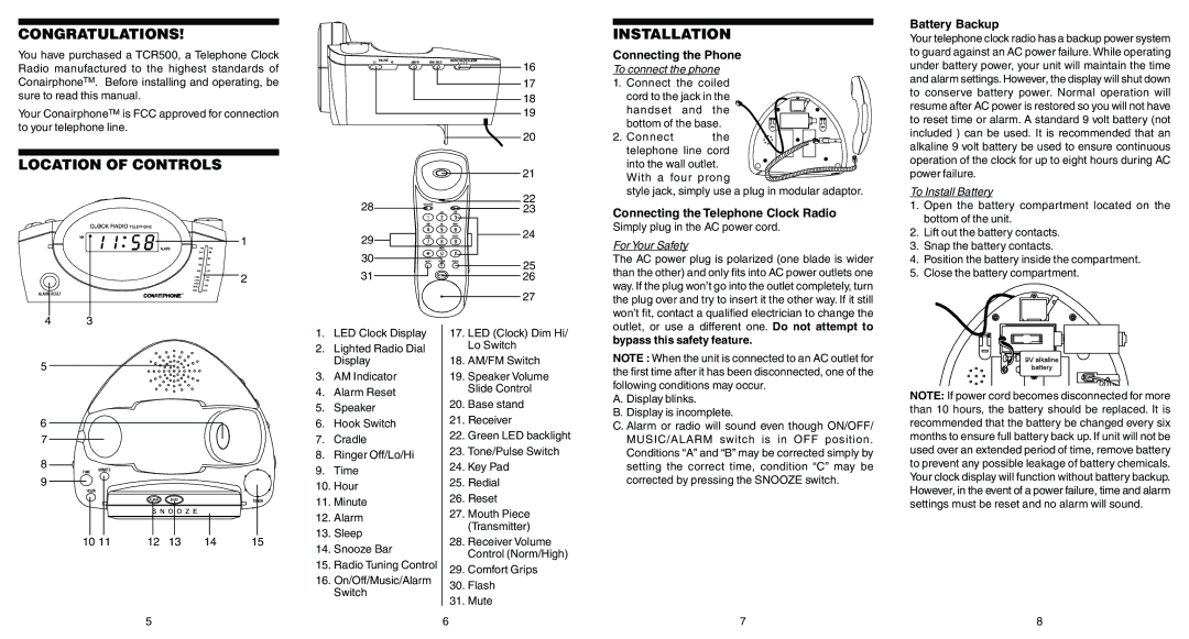 Conair TCR500 warranty Congratulations, Installation, Battery Backup, Connecting the Telephone Clock Radio 
