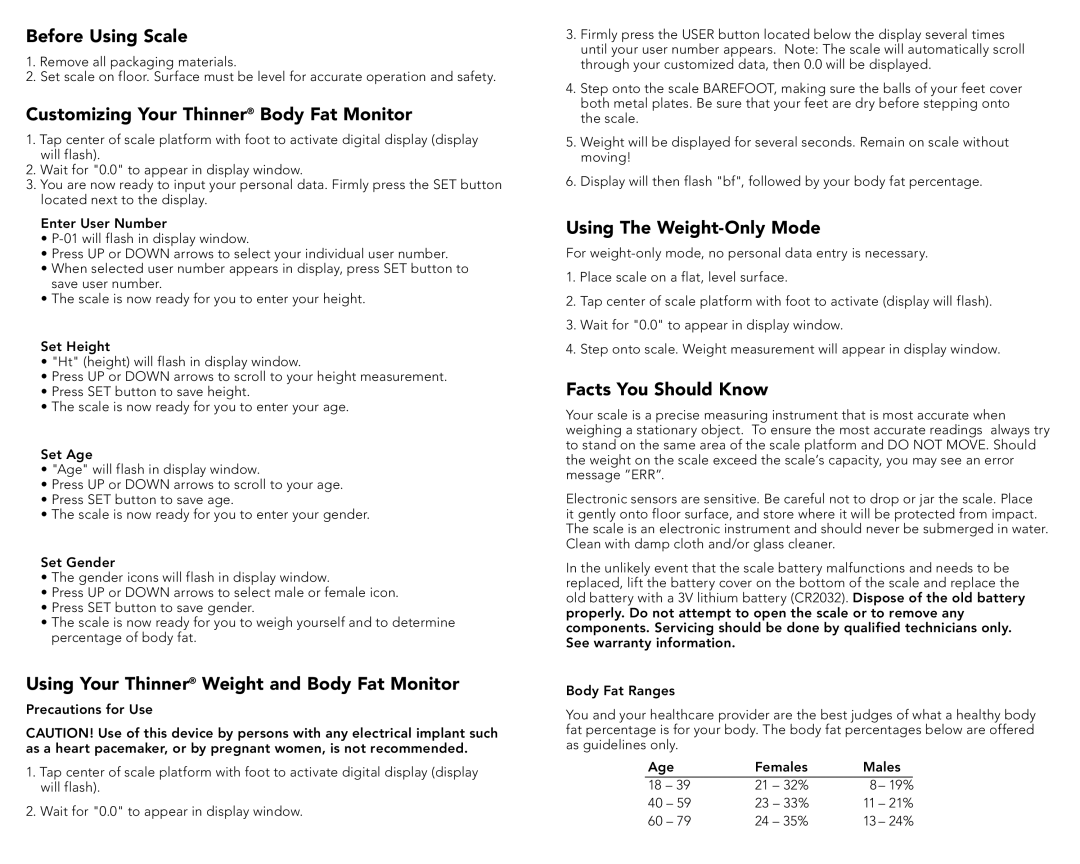 Conair TH208 Before Using Scale, Customizing Your Thinner Body Fat Monitor, Using Your Thinner Weight and Body Fat Monitor 