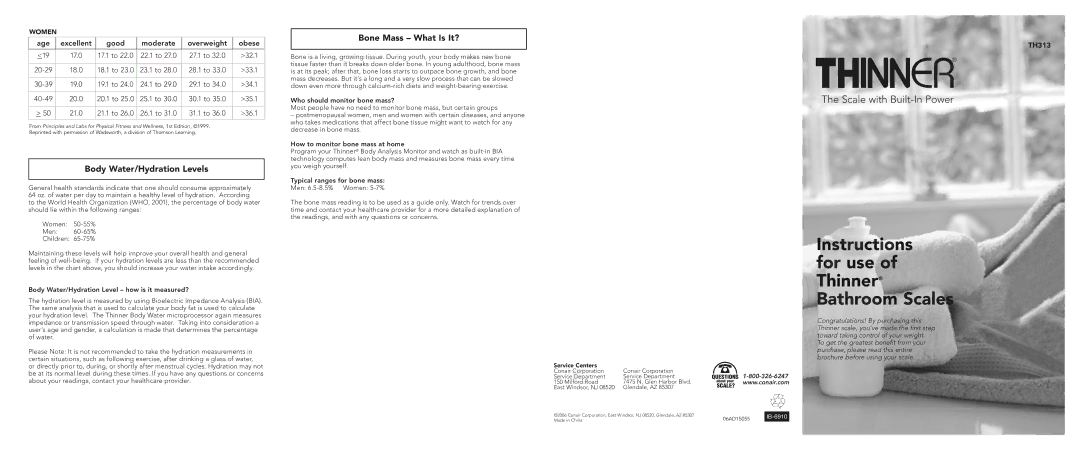 Conair TH313 brochure Body Water/Hydration Levels, Bone Mass What Is It? 