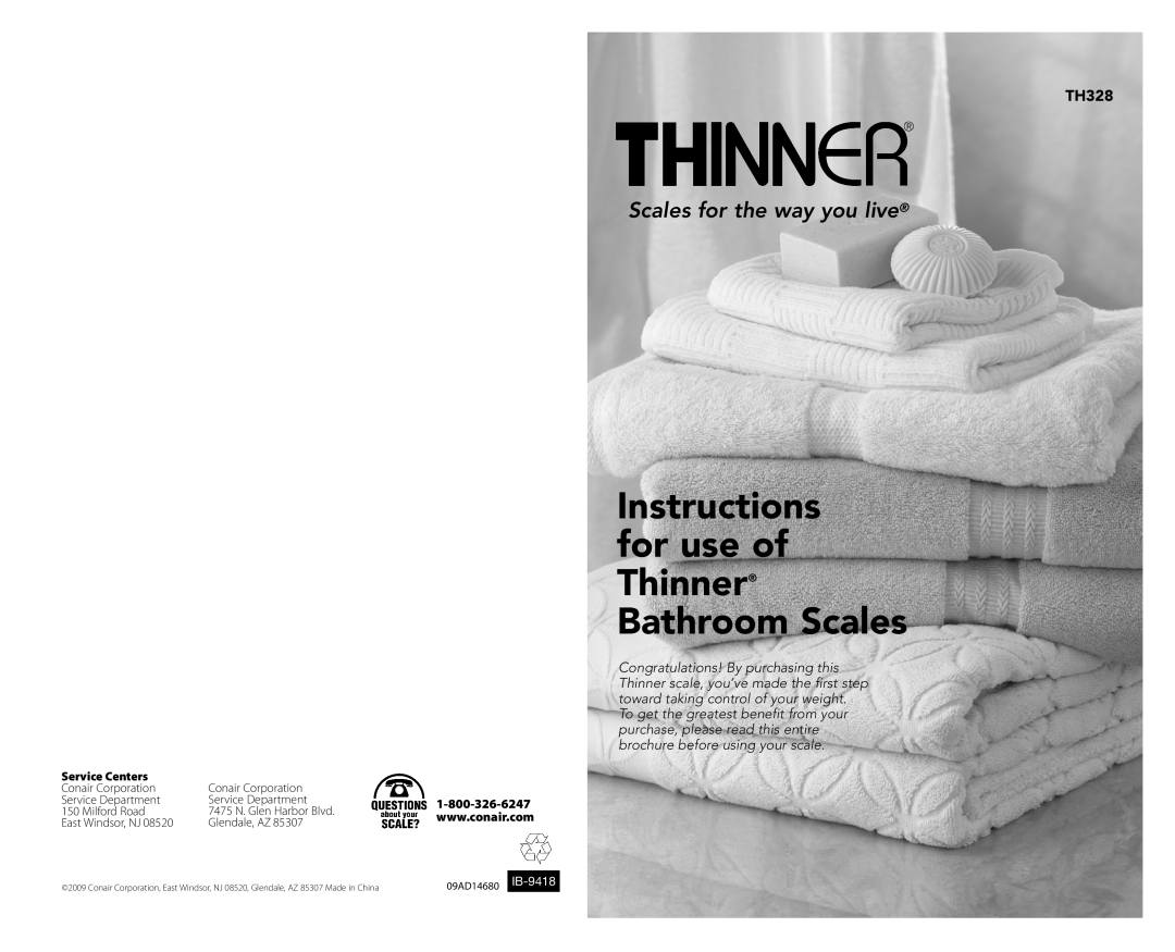 Conair TH328 brochure Bathroom Scales for use of Thinner Bathroom Scales, for use of Thinner Instructions 