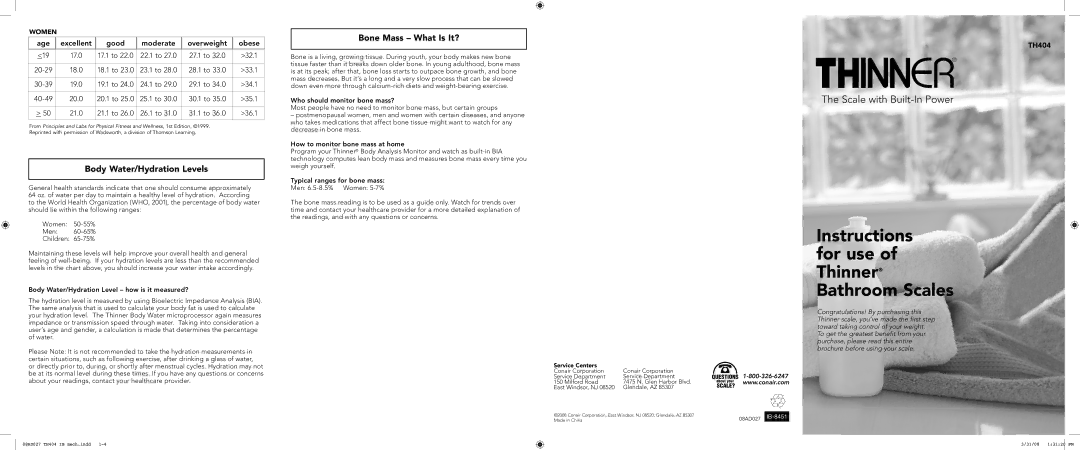 Conair TH404 brochure Body Water/Hydration Levels, Bone Mass What Is It? 