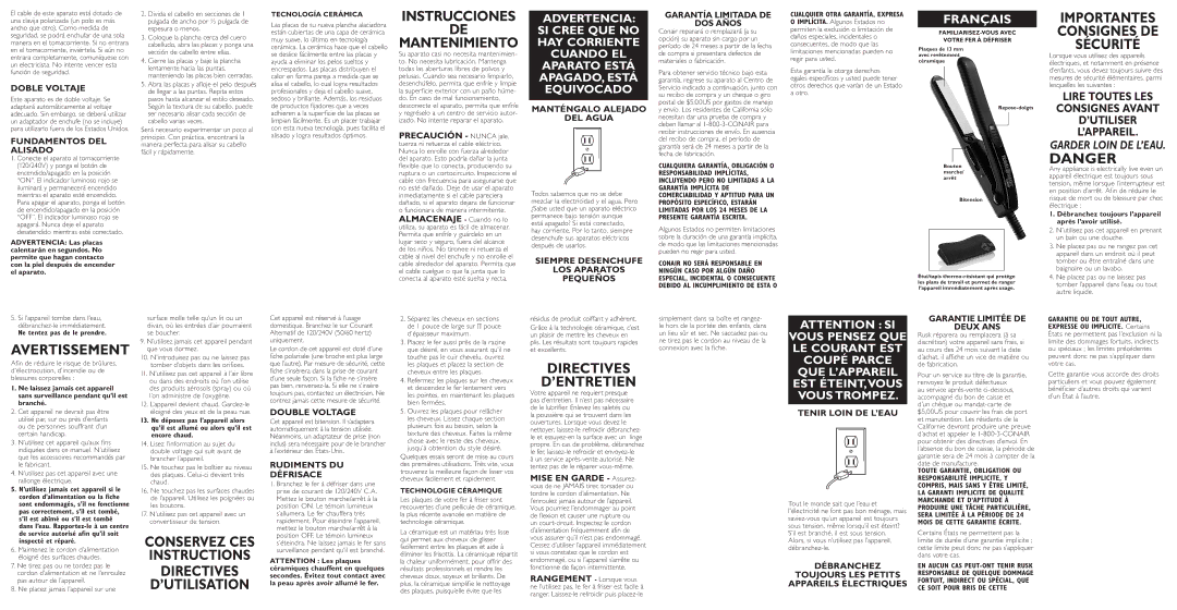 Conair TS20S Doble Voltaje, Fundamentos DEL Alisado, Manténgalo Alejado DEL Agua, Double Voltage, Rudiments DU Défrisace 