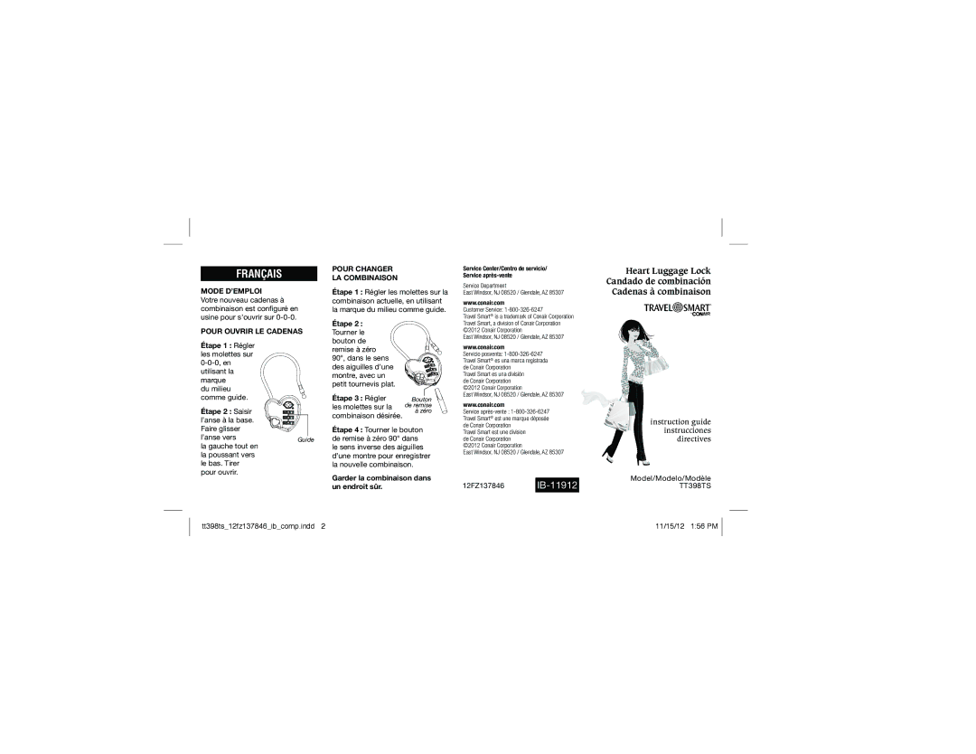 Conair TT398TS manual Français, Mode D’EMPLOI, Pour Ouvrir LE Cadenas, Pour Changer LA Combinaison 