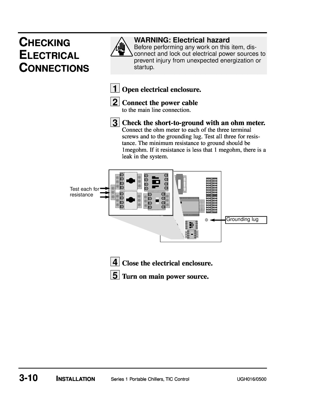 Conair UGH016/0500 manual Checking Electrical Connections, 3-10, WARNING Electrical hazard, Open electrical enclosure 