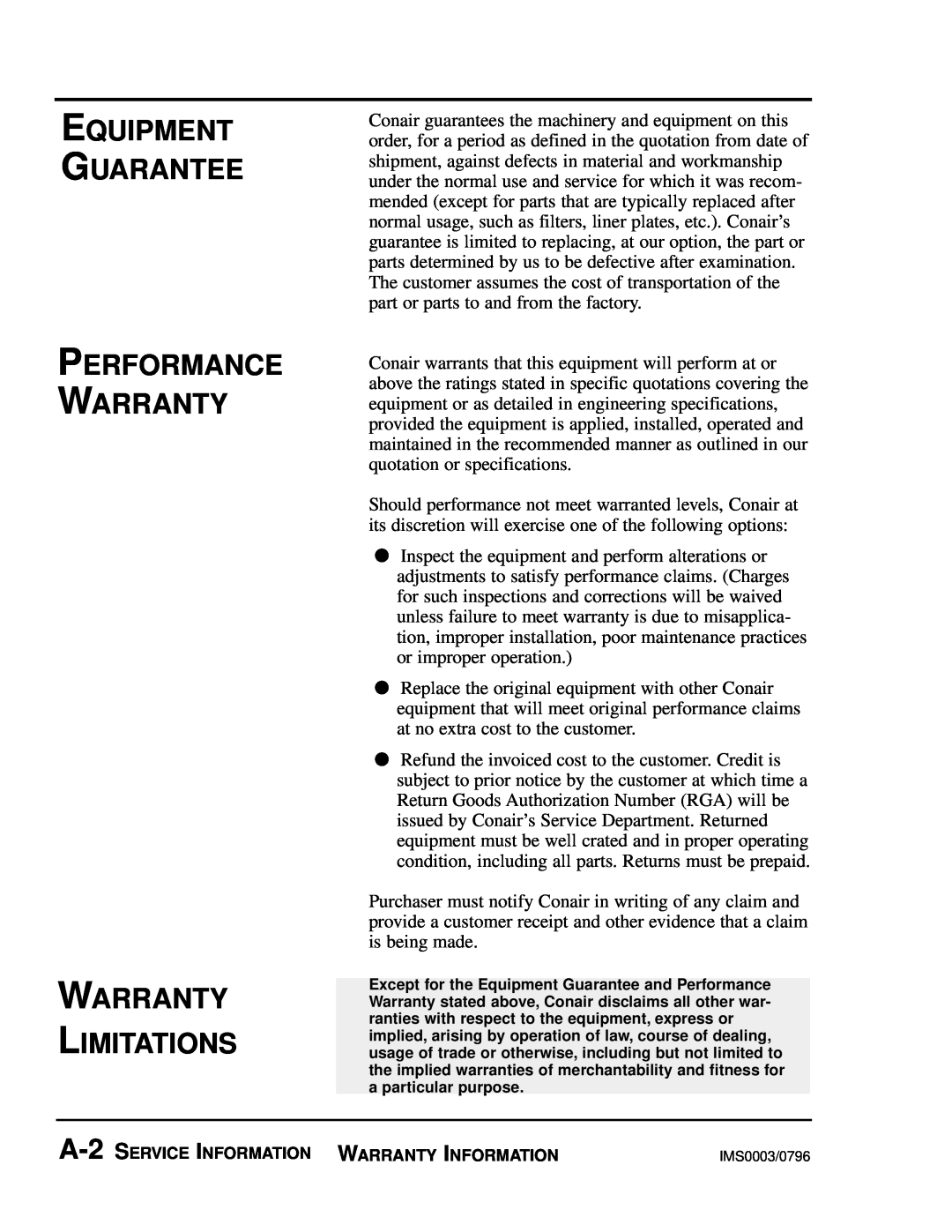 Conair UGH016/0500 manual Equipment Guarantee Performance Warranty, Warranty Limitations 