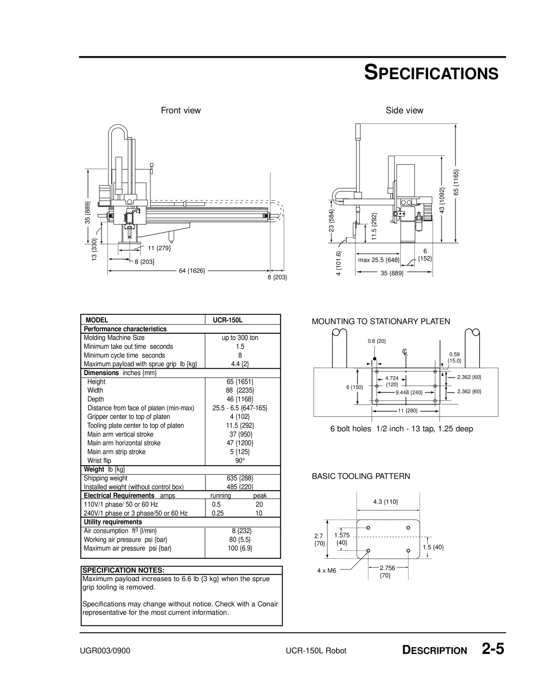 Conair UGR003/0800 manual Specifications, Front view Side view 