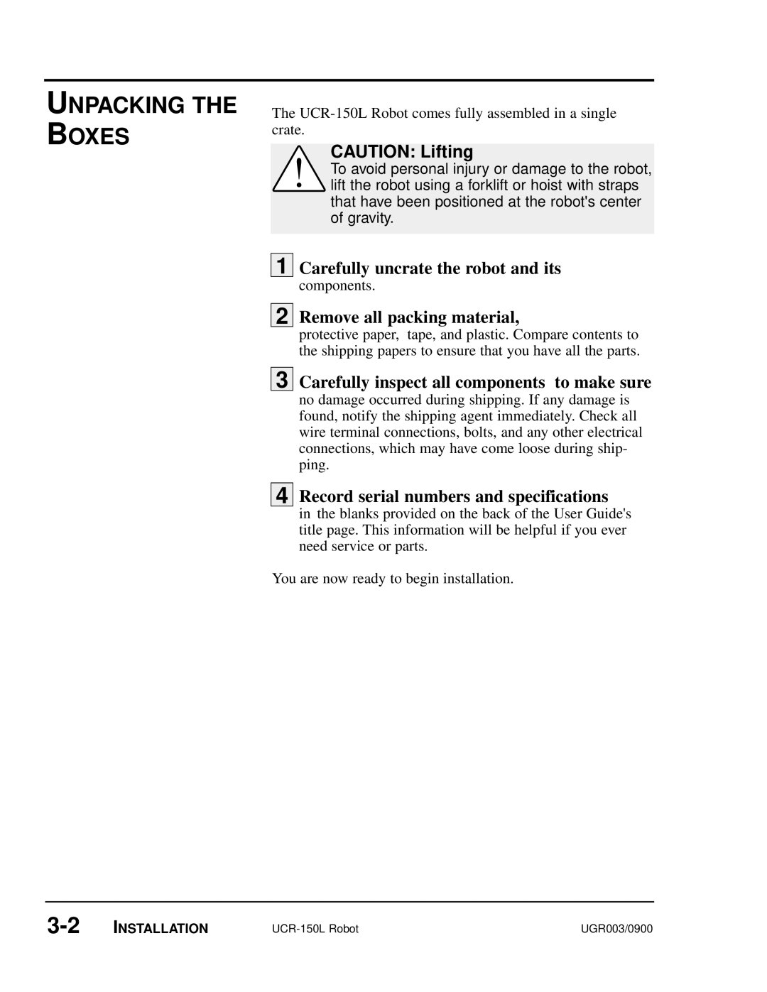 Conair UGR003/0800 manual Unpacking the Boxes, Remove all packing material 