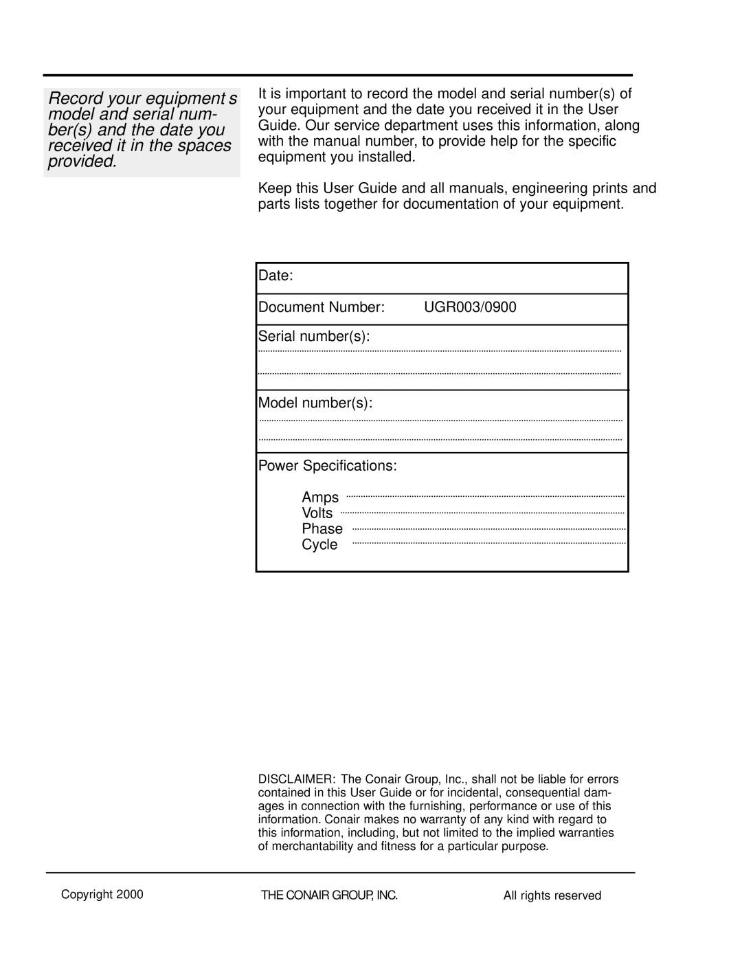 Conair UGR003/0800 manual Date Document Number 