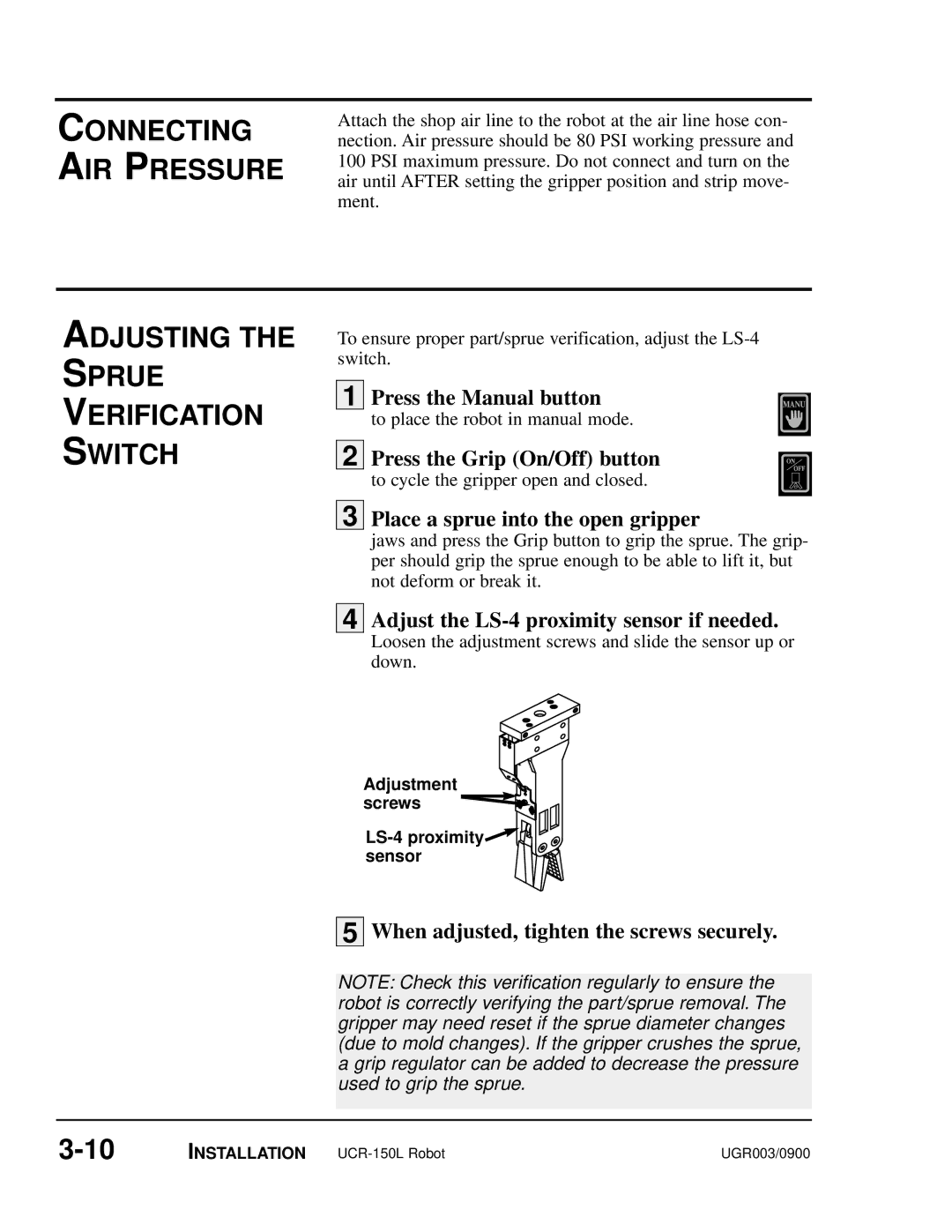 Conair UGR003/0800 manual Connecting AIR Pressure, Adjusting Sprue Verification Switch 