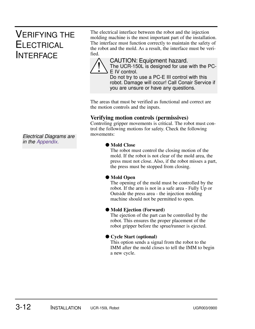 Conair UGR003/0800 manual Verifying Electrical Interface, Verifying motion controls permissives 