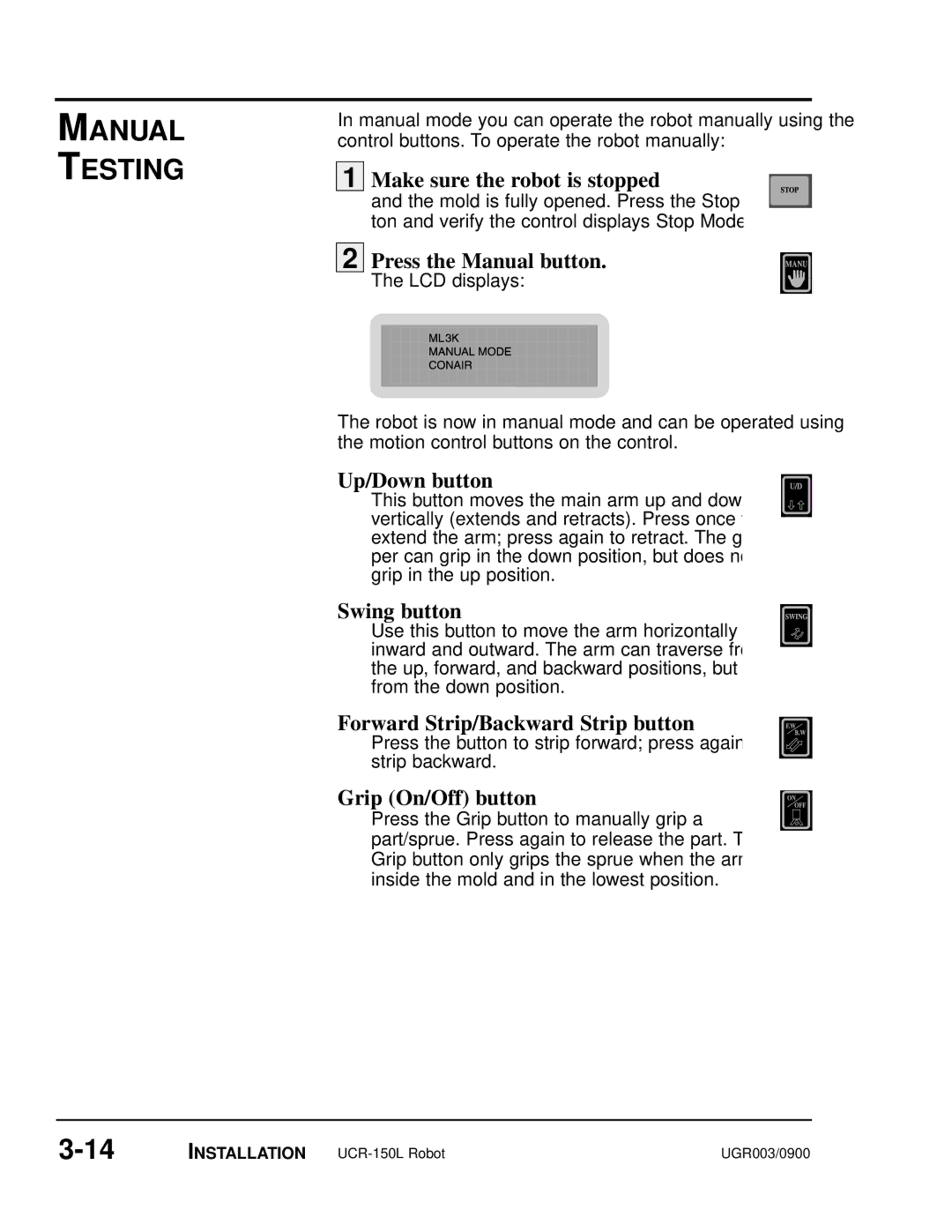 Conair UGR003/0800 manual Manual Testing 