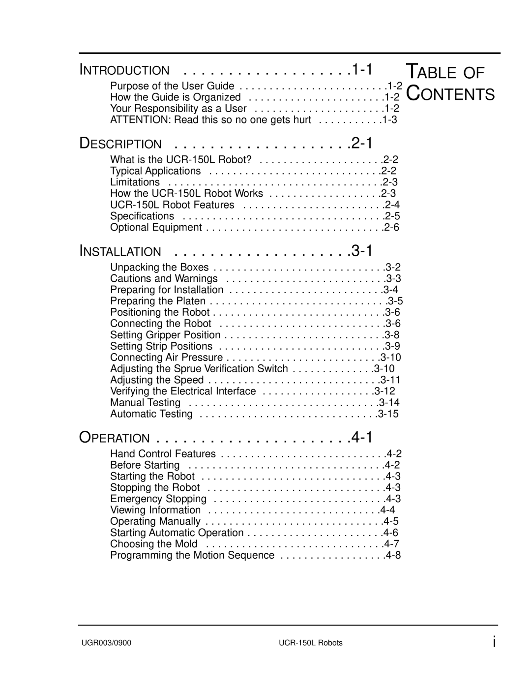 Conair UGR003/0800 manual Introduction, Table of Contents 