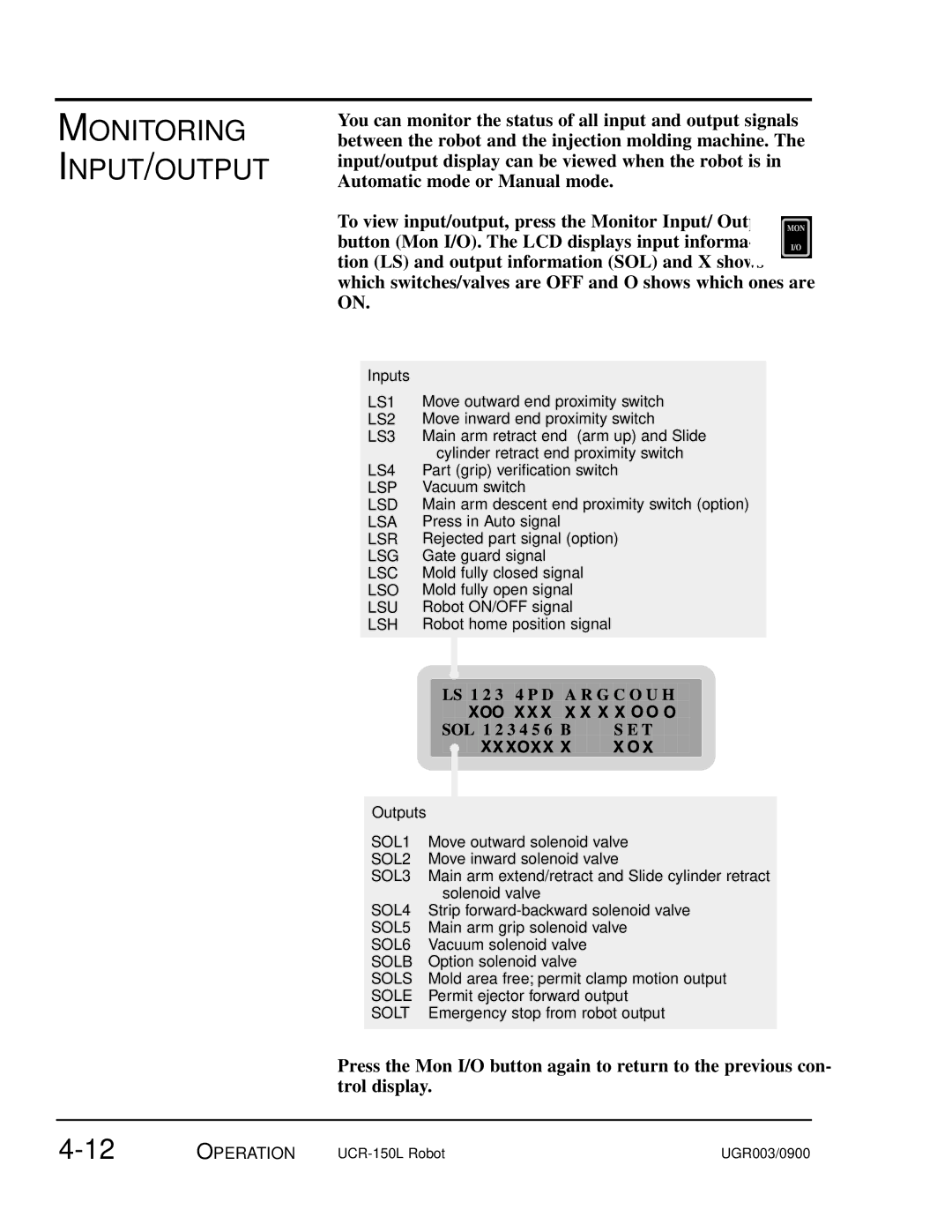 Conair UGR003/0800 manual Monitoring INPUT/OUTPUT, Inputs 