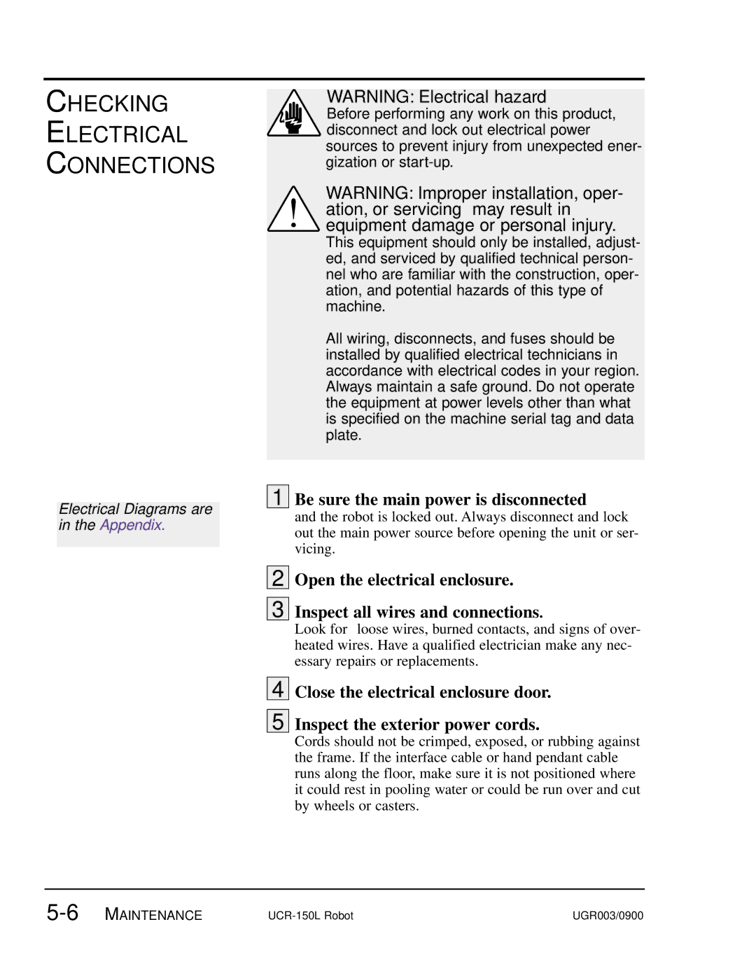 Conair UGR003/0800 manual Checking Electrical Connections, Be sure the main power is disconnected 