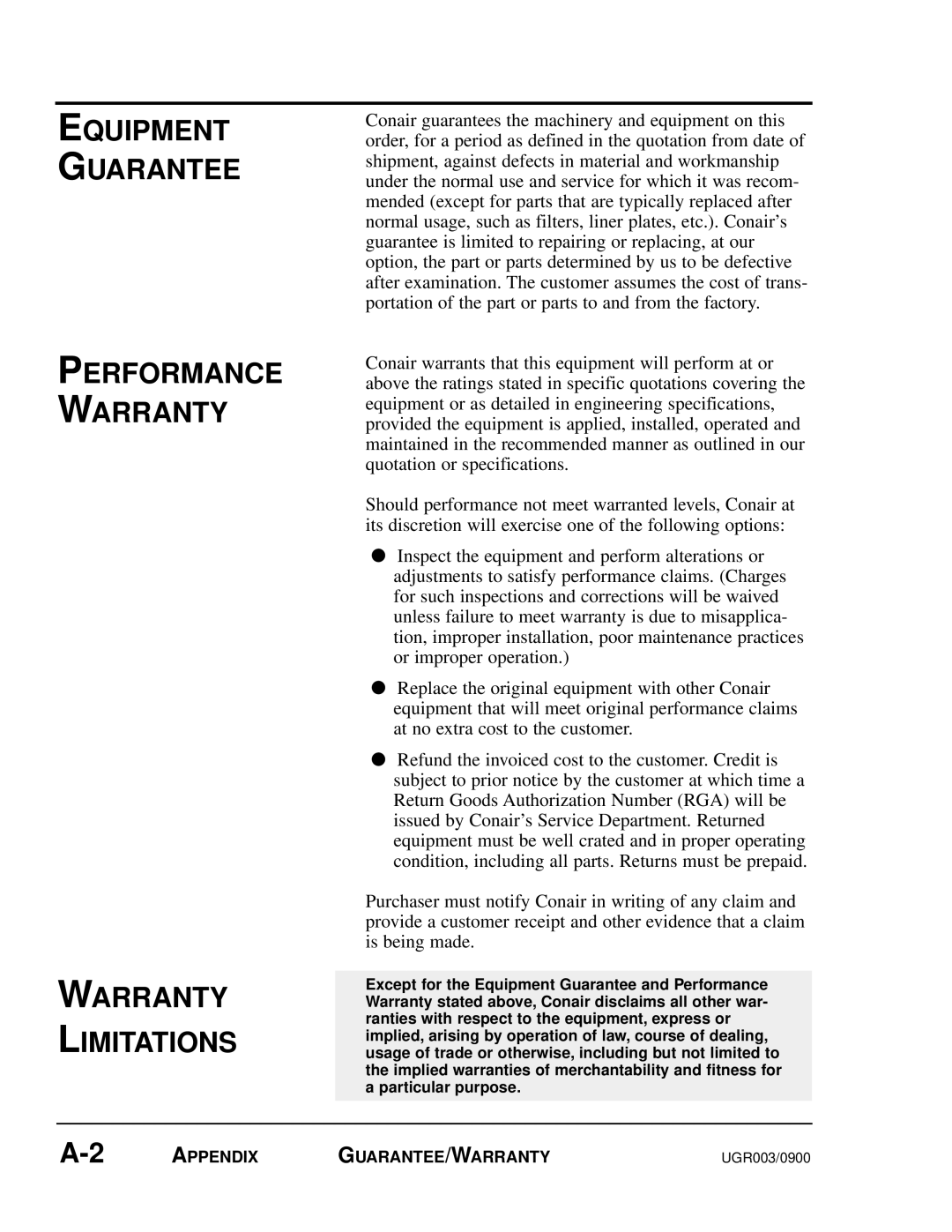 Conair UGR003/0800 manual Appendix GUARANTEE/WARRANTY 