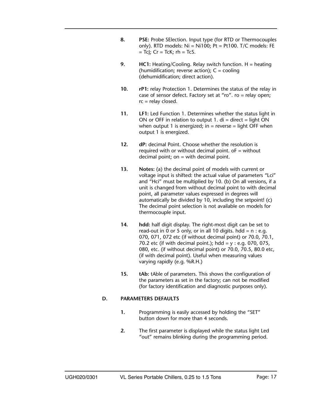 Conair 0.25 to 1.5 ton, VL Series manual Parameters Defaults 