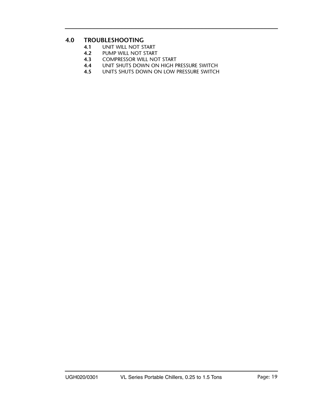 Conair 0.25 to 1.5 ton, VL Series manual Troubleshooting 