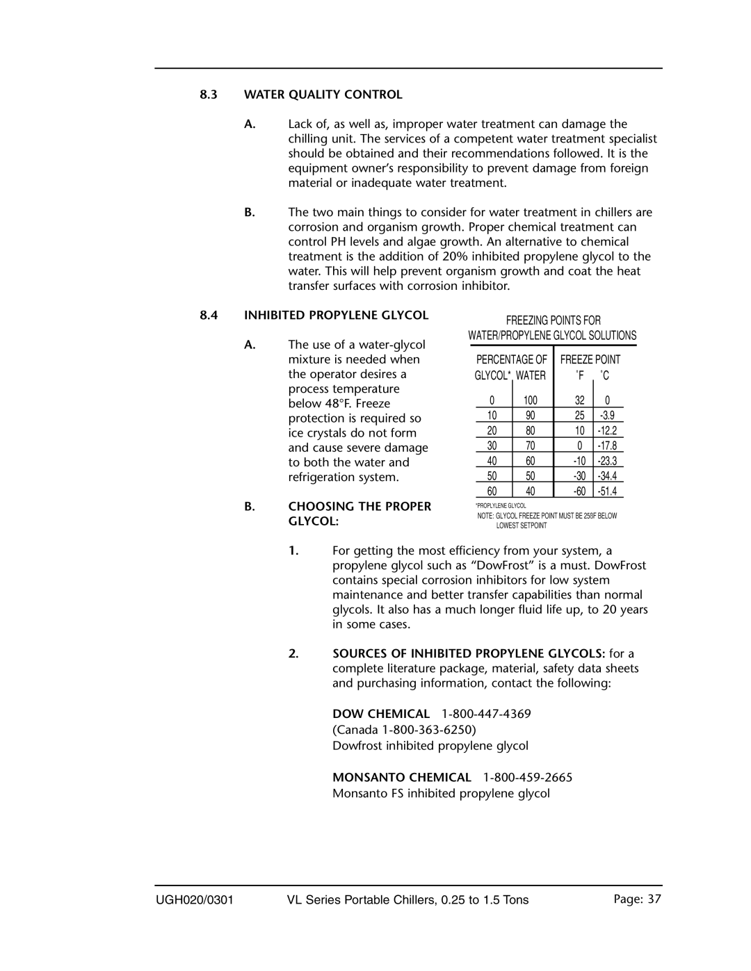 Conair 0.25 to 1.5 ton, VL Series manual Water Quality Control, Inhibited Propylene Glycol, Choosing the Proper Glycol 