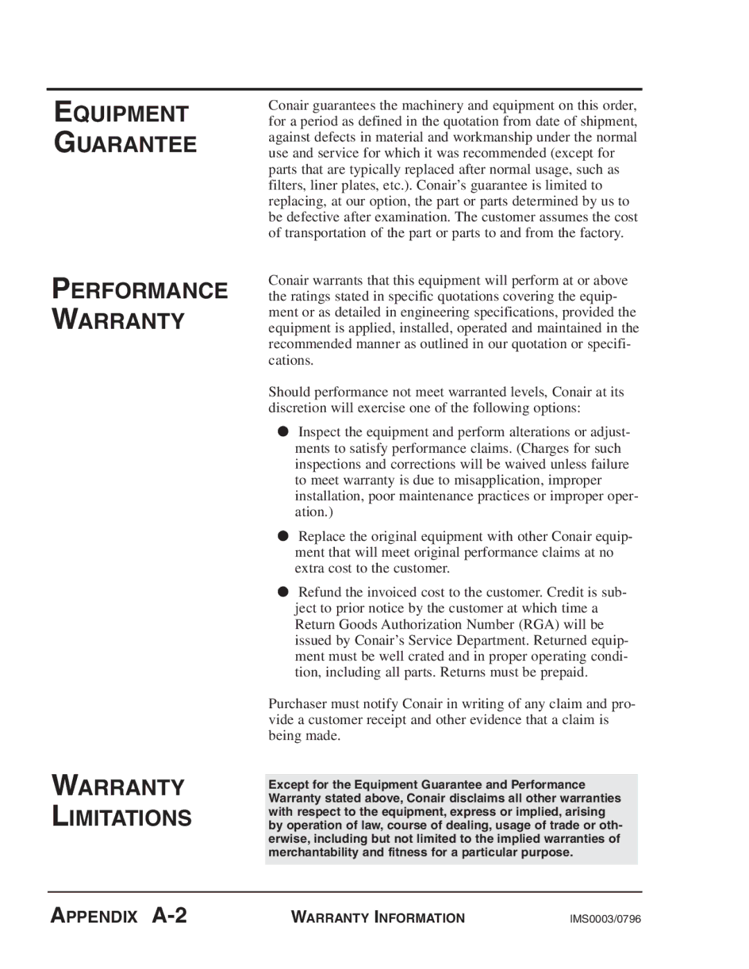 Conair VL Series, 0.25 to 1.5 ton manual Equipment Guarantee Performance Warranty 