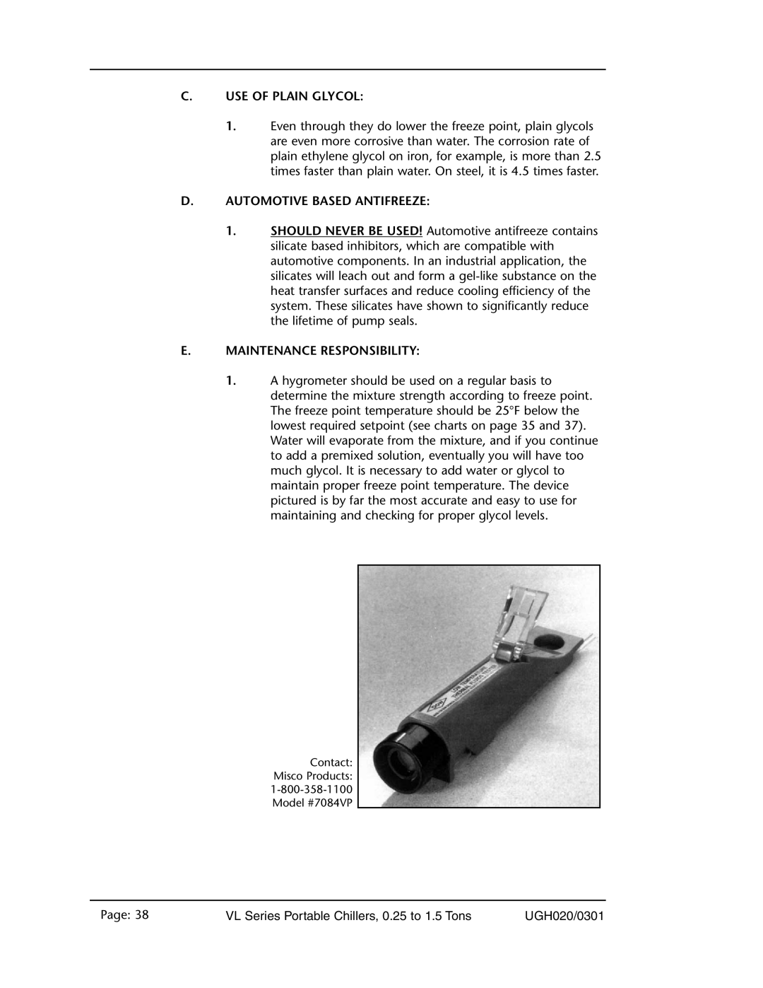 Conair VL Series, 0.25 to 1.5 ton manual C.Use Of Plain Glycol, D.Automotive Based Antifreeze, E.Maintenance Responsibility 