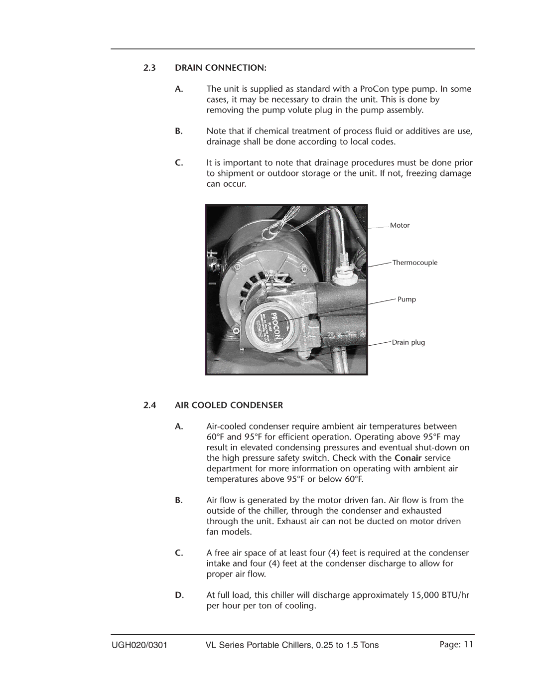 Conair VL Series manual Drain Connection, AIR Cooled Condenser 