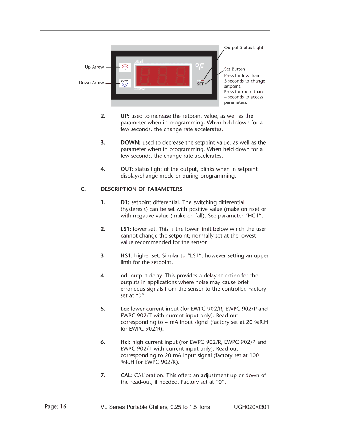 Conair VL Series manual Description of Parameters 