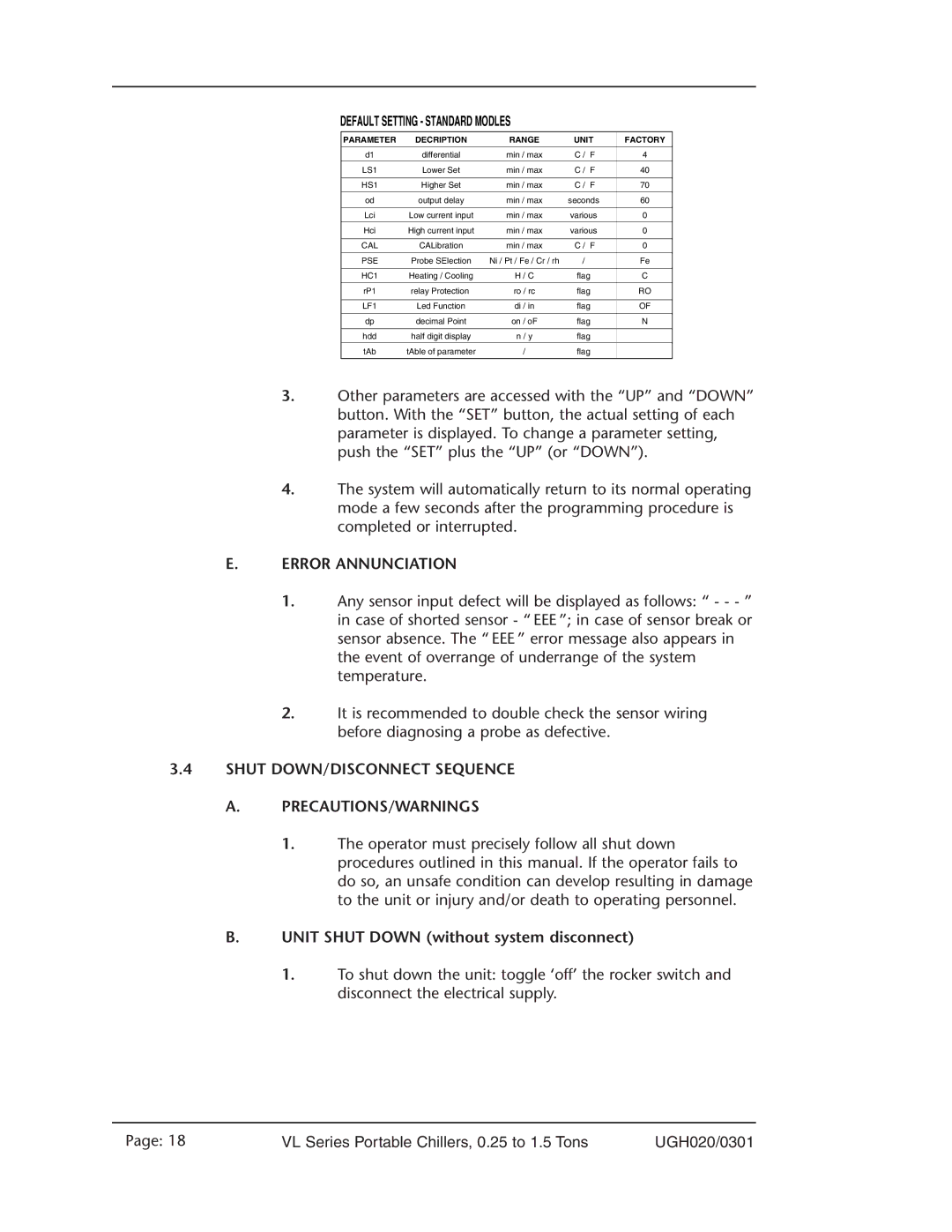 Conair VL Series manual Error Annunciation, Shut DOWN/DISCONNECT Sequence PRECAUTIONS/WARNINGS 