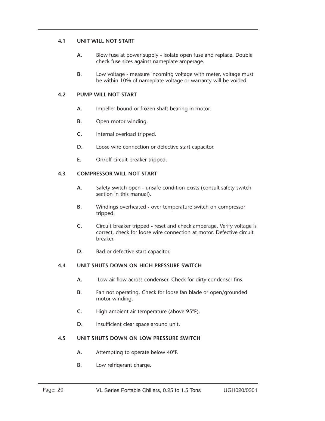 Conair VL Series manual Unit will not Start, Pump will not Start, Compressor will not Start 