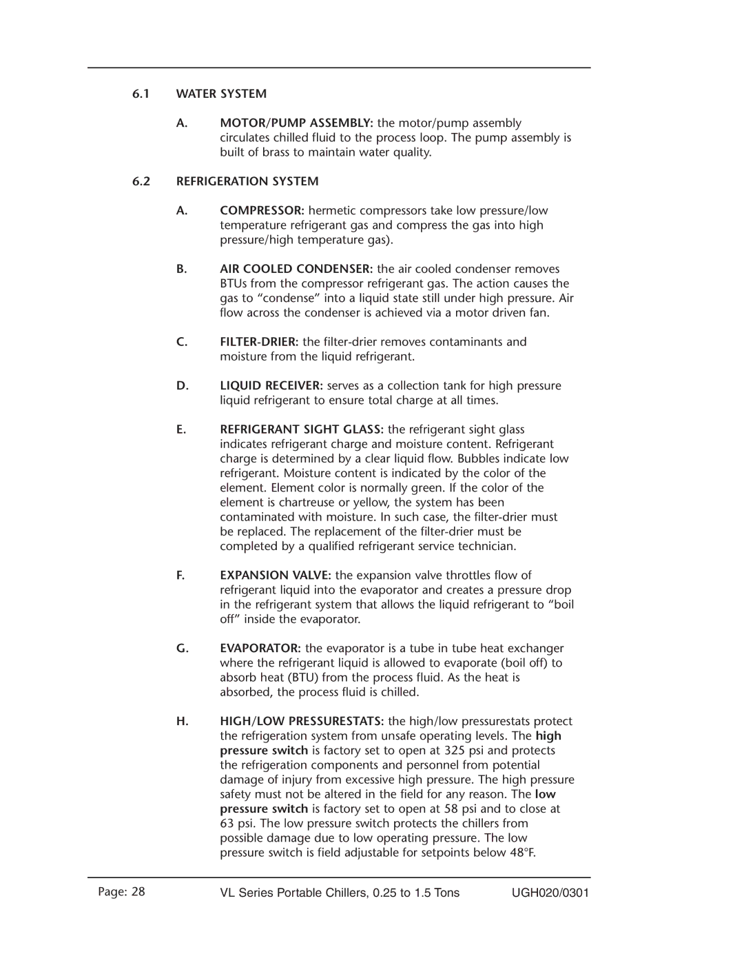 Conair VL Series manual Water System, Refrigeration System 