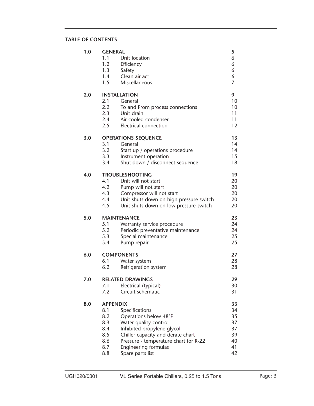 Conair VL Series Table of Contents General, Installation, Operations Sequence, Troubleshooting, Maintenance, Components 