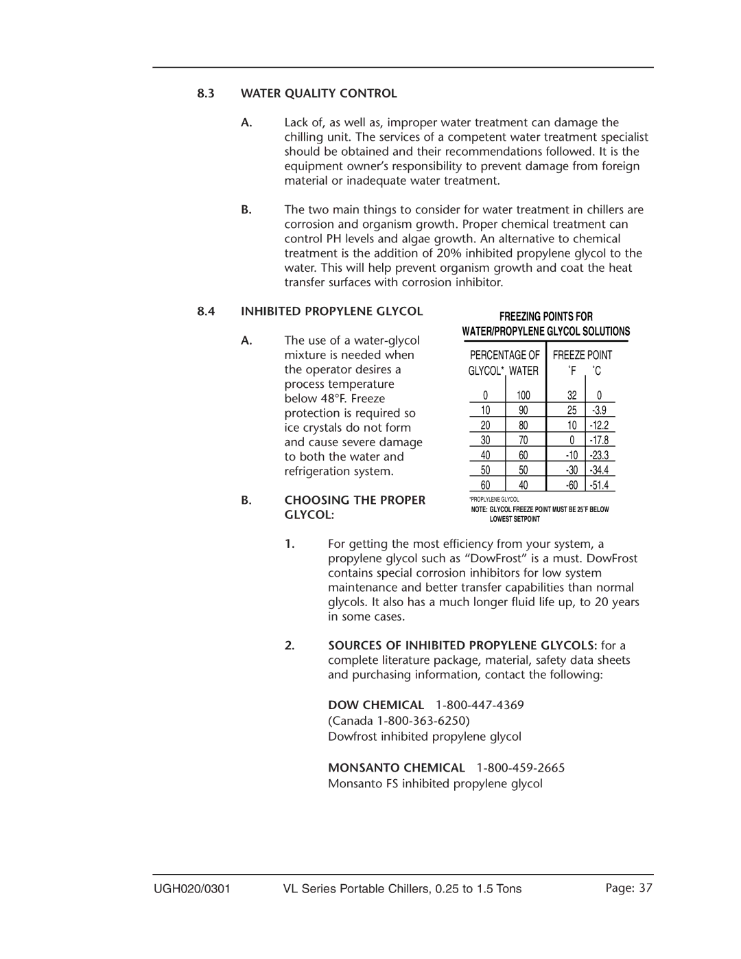 Conair VL Series manual Water Quality Control, Inhibited Propylene Glycol, Choosing the Proper Glycol 