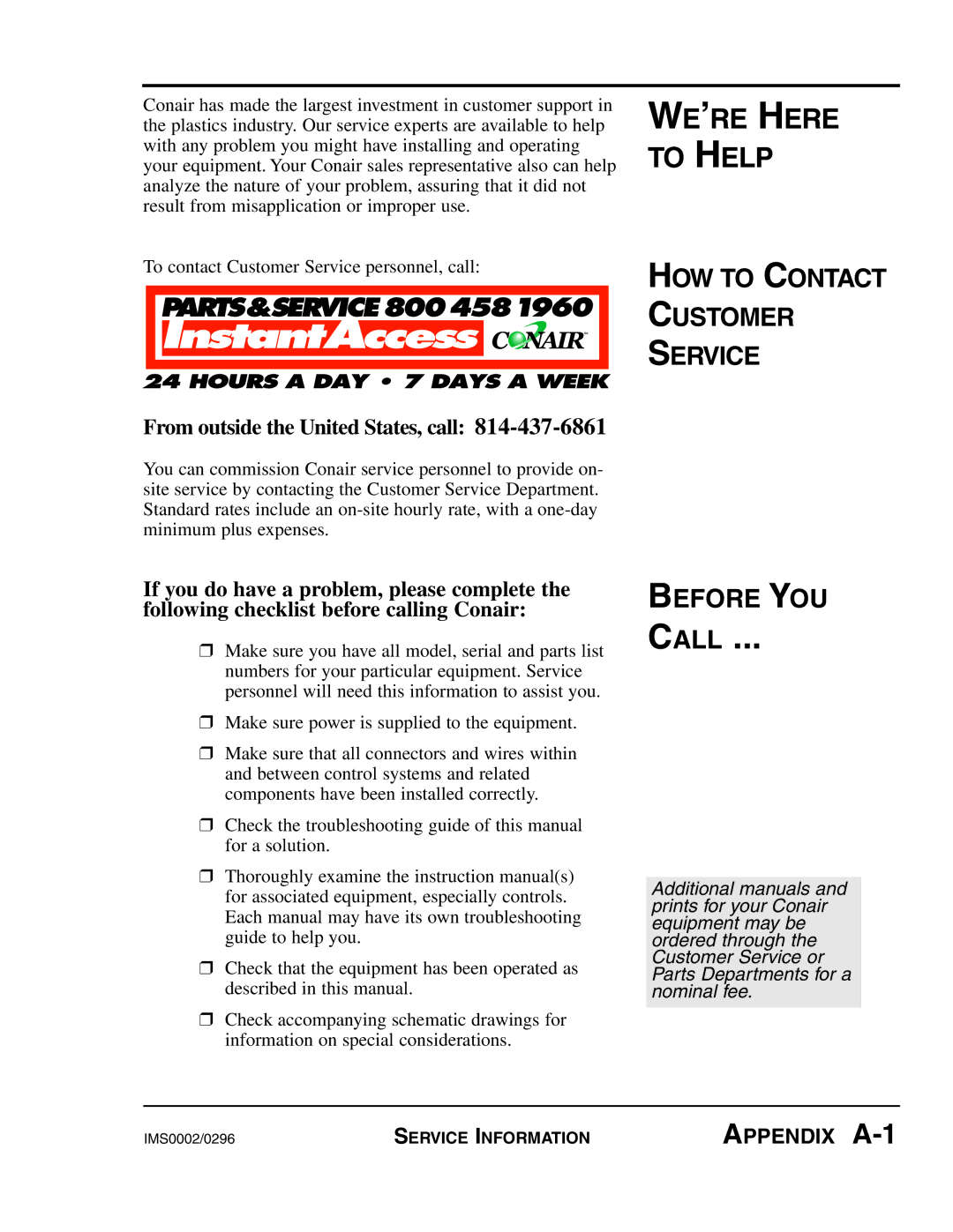 Conair VL Series manual Call 