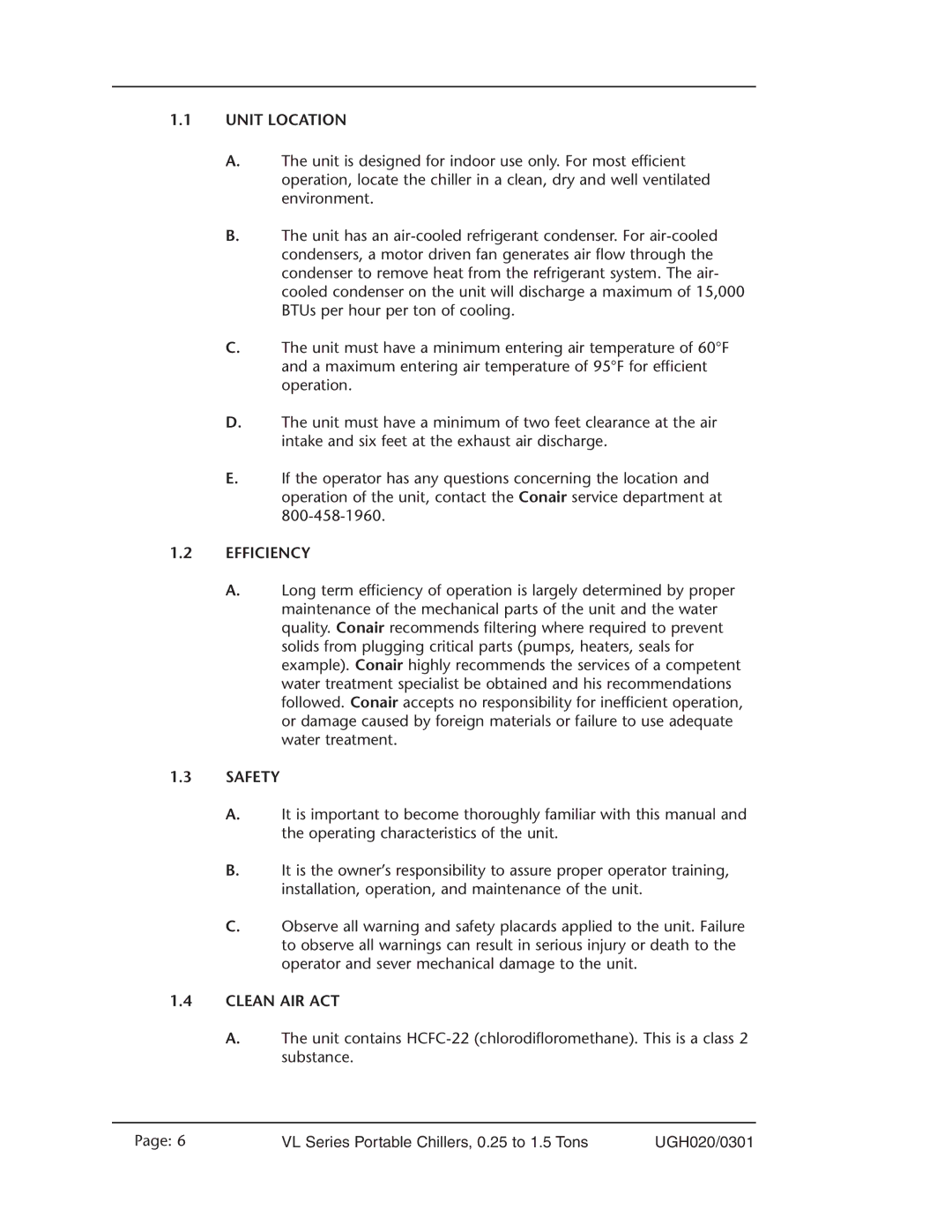 Conair VL Series manual Unit Location, Efficiency, Safety, Clean AIR ACT 