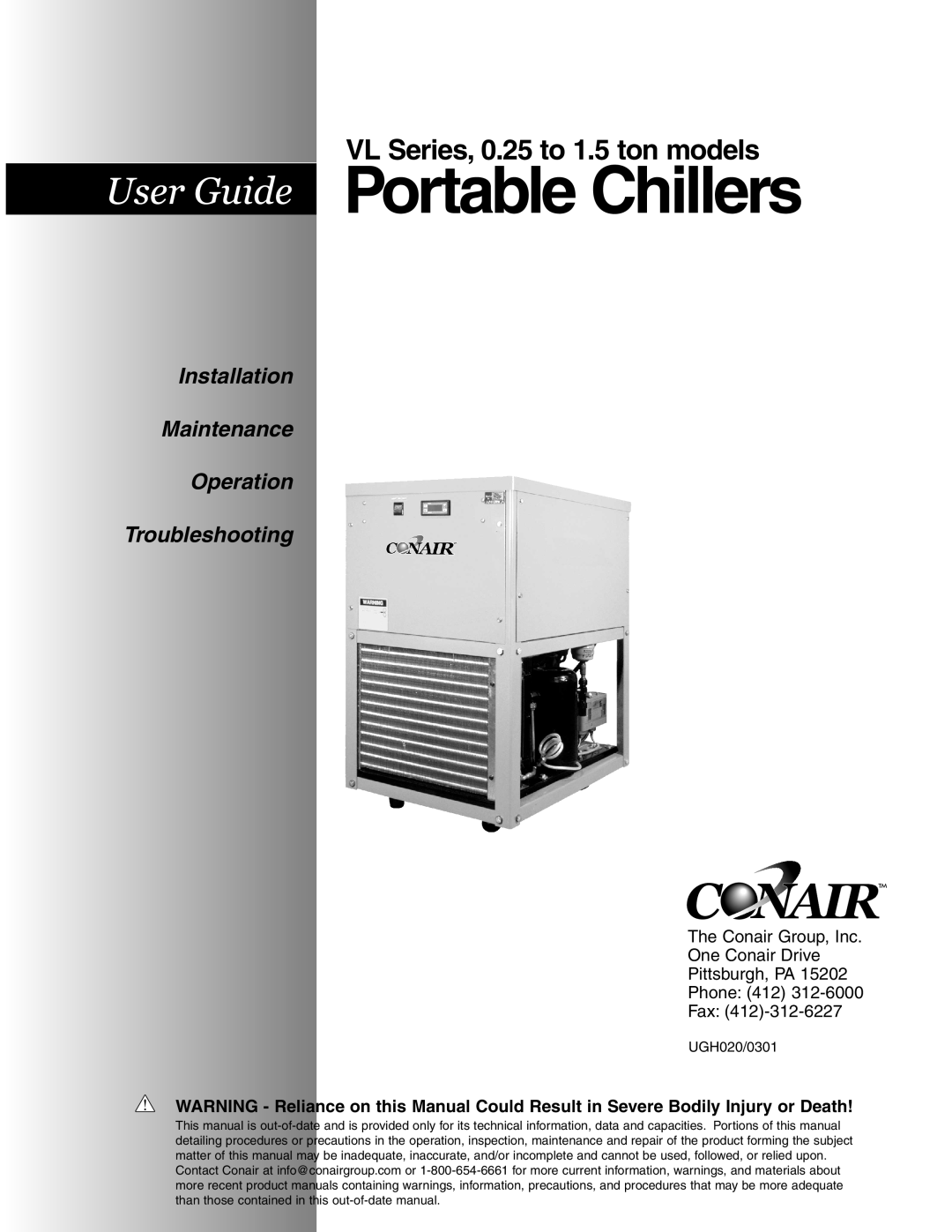 Conair manual VL Series, 0.25 to 1.5 ton models, Portable Chillers, Installation Maintenance Operation, Troubleshooting 