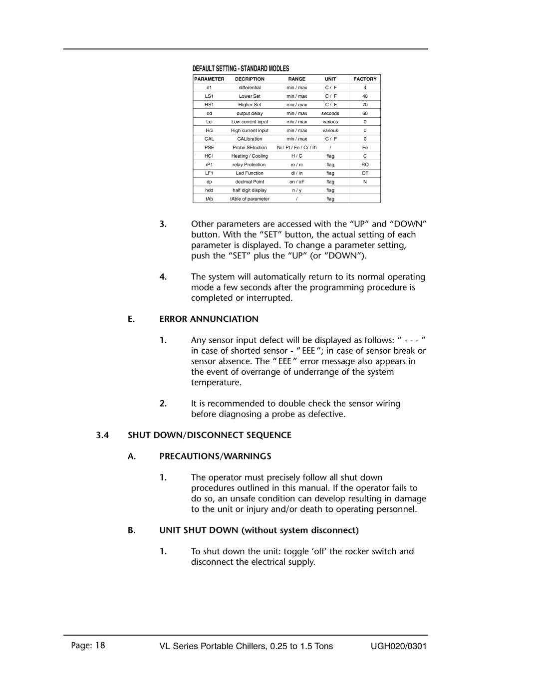 Conair VL Series manual E.Error Annunciation, 3.4SHUT DOWN/DISCONNECT SEQUENCE, A.Precautions/Warnings 