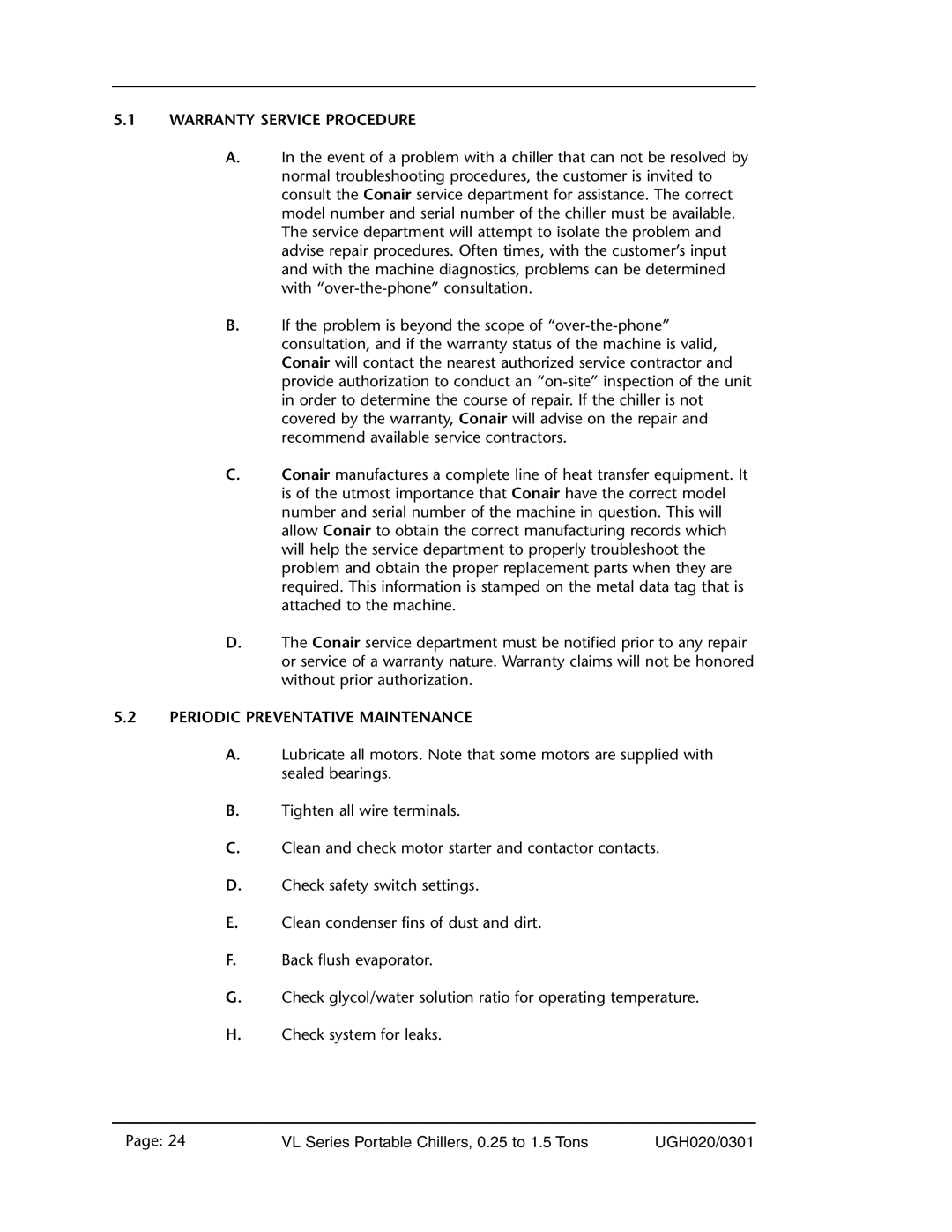 Conair VL Series manual 5.1WARRANTY SERVICE PROCEDURE, 5.2PERIODIC PREVENTATIVE MAINTENANCE 