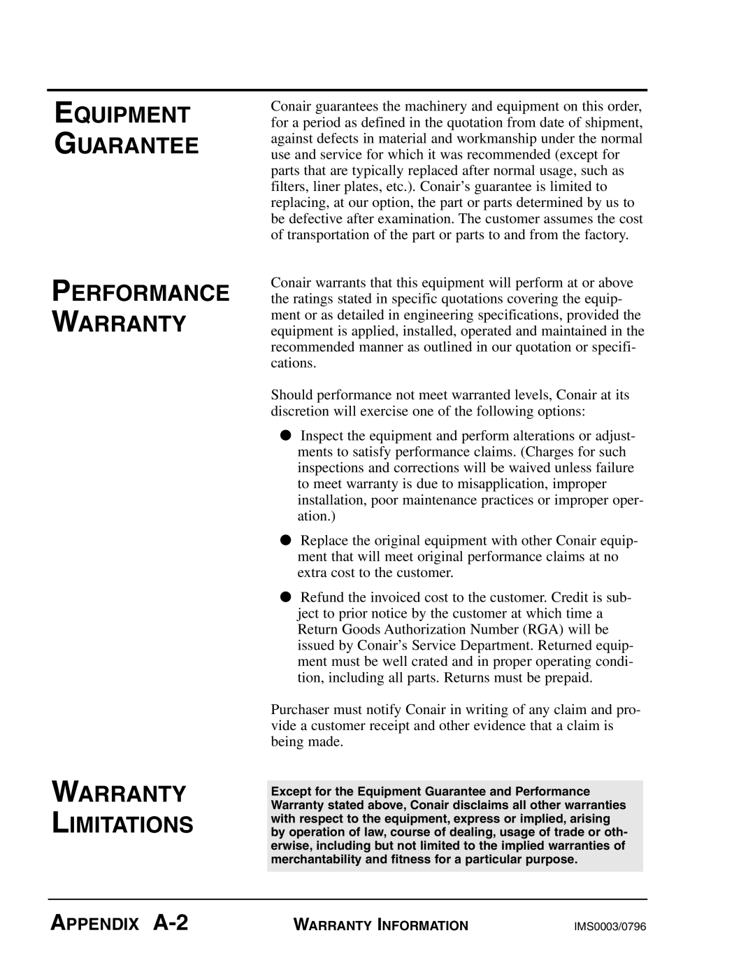 Conair VL Series manual Equipment Guarantee Performance Warranty, APPENDIX A-2, Warranty Limitations 