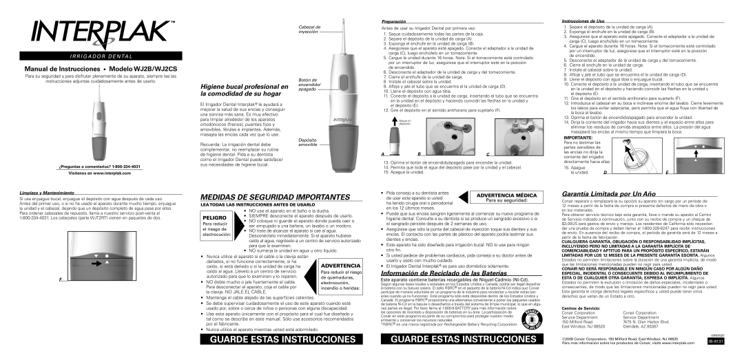 Conair WJ2CS, WJ2B instruction manual Higiene bucal profesional en la comodidad de su hogar, Garantía Limitada por Un Año 