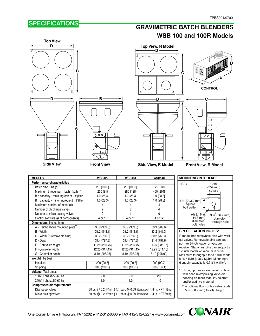 Conair GB Gravimetric Batch Blenders WSB 100 and 100R Models, Side View Front View Side View, R Model Front View, R Model 