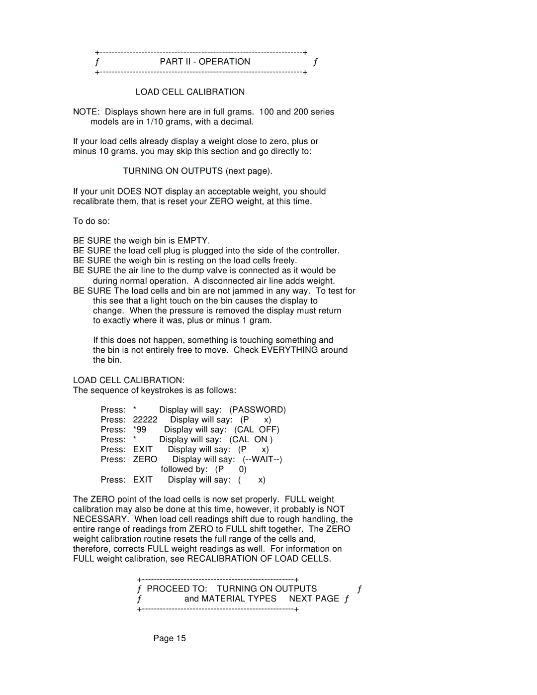 Conair WSB, GB manual Part II Operation Load Cell Calibration, Cal Off, Zero, Proceed to Turning on Outputs 