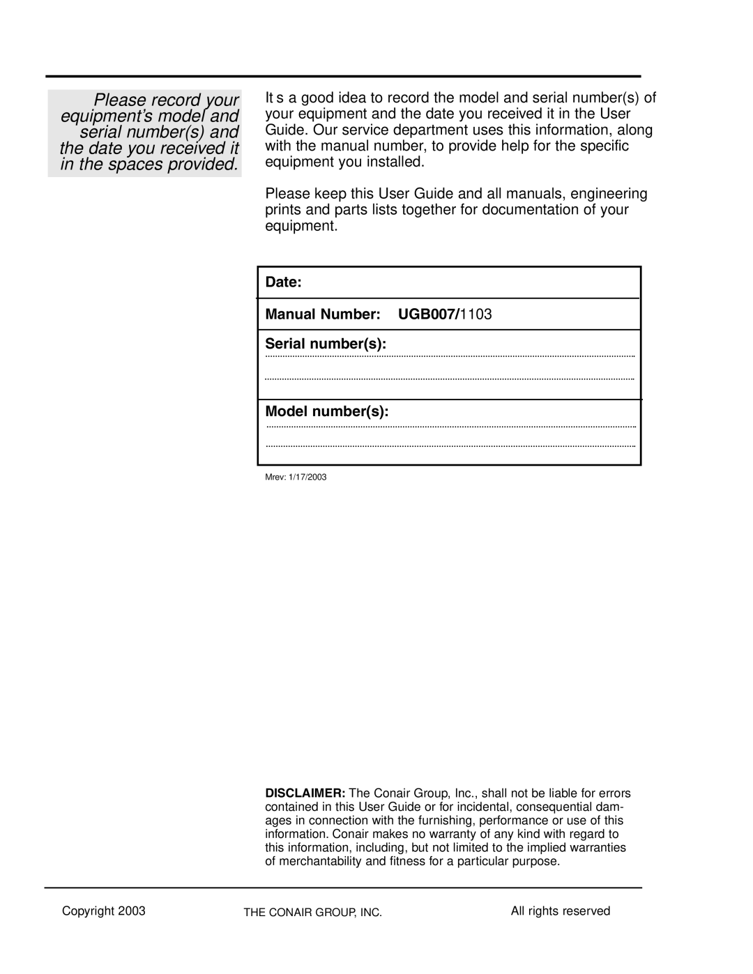 Conair WSB manual Date Manual Number UGB007/1103 Serial numbers Model numbers 