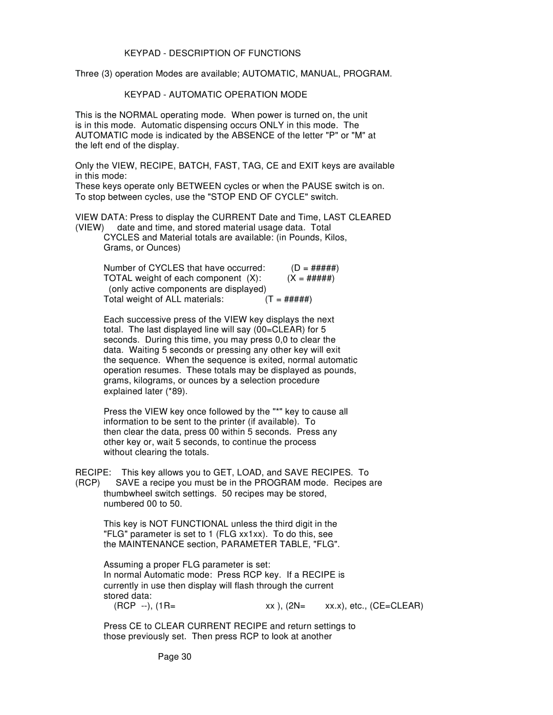 Conair GB, WSB manual Keypad Description of Functions, Keypad Automatic Operation Mode, Total, Recipe, Get, RCP Save 