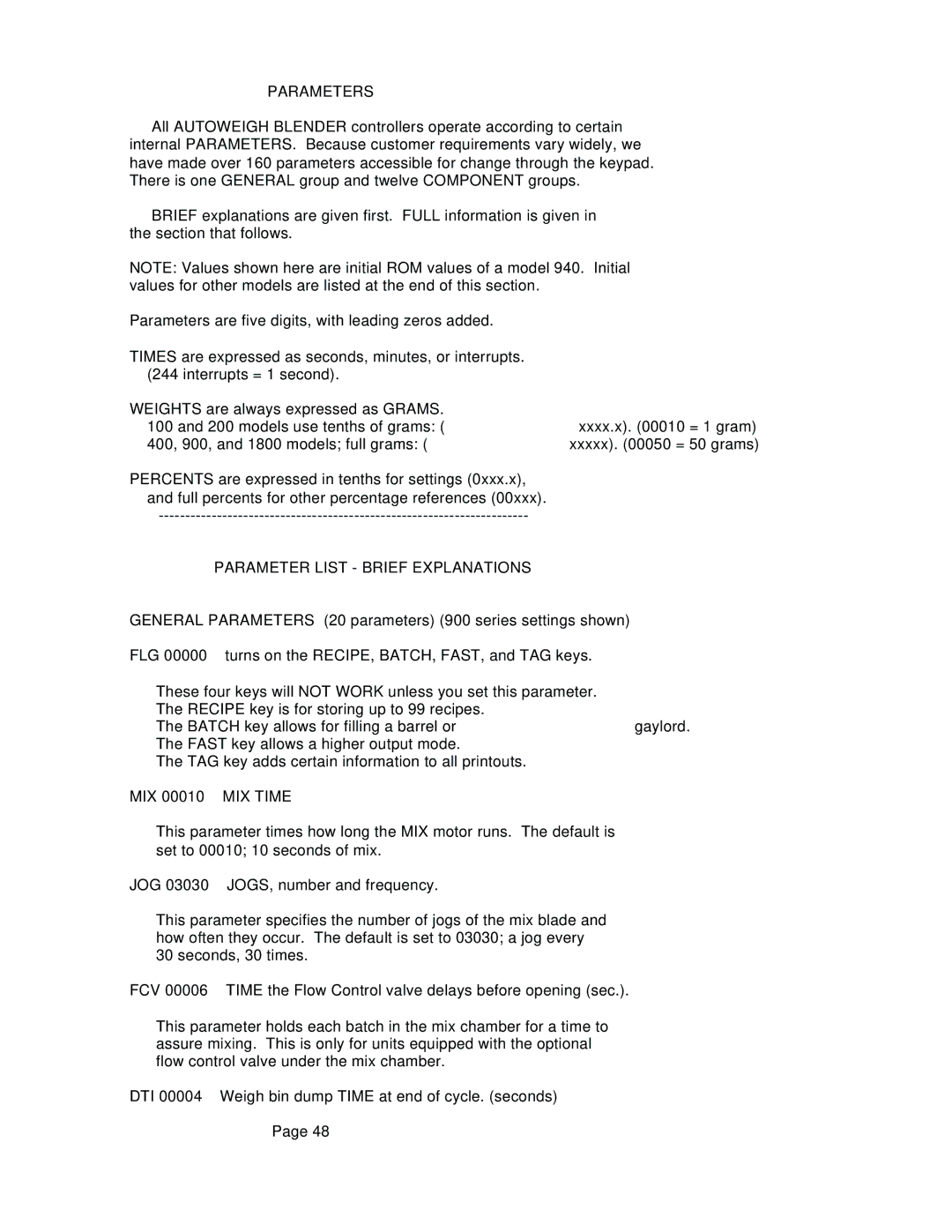 Conair GB, WSB manual Parameters, Parameter List Brief Explanations, MIX Time 