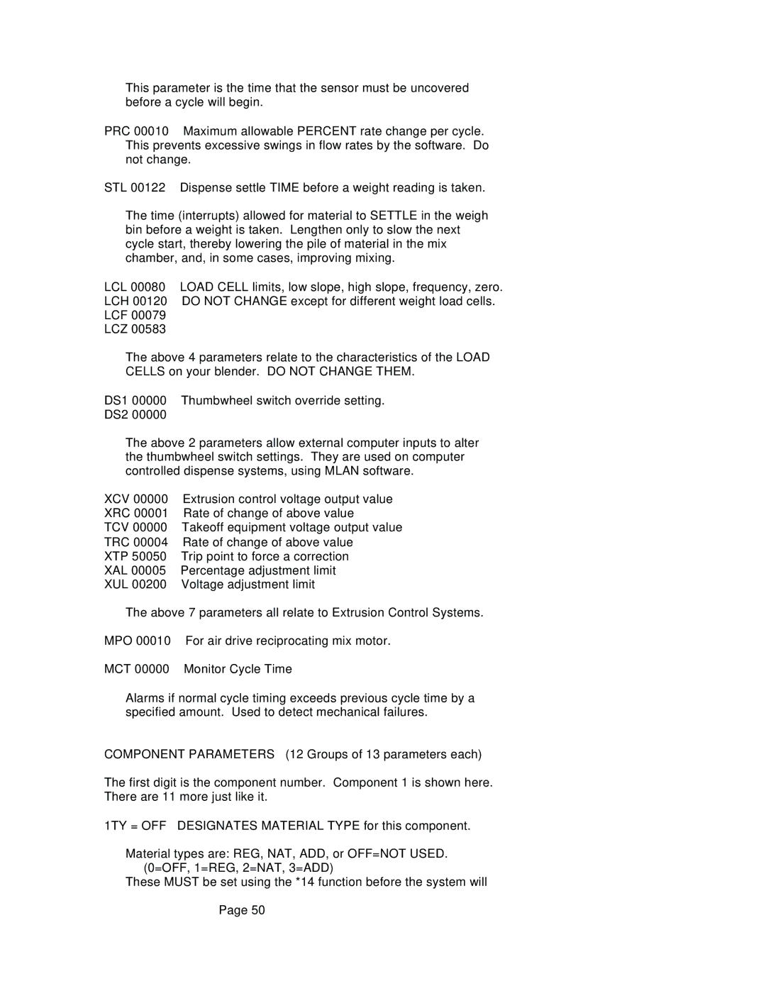 Conair GB, WSB manual Component Parameters, OFF Designates Material Type 