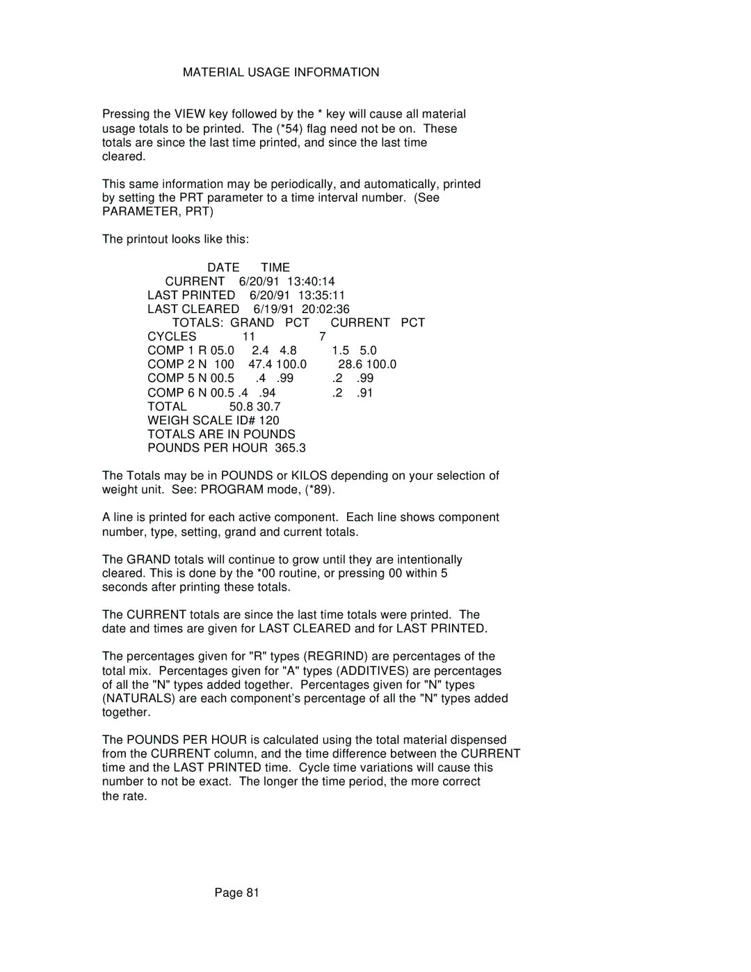 Conair WSB, GB manual Material Usage Information, Parameter, Prt, Date Time Current, Last Printed, Last Cleared 