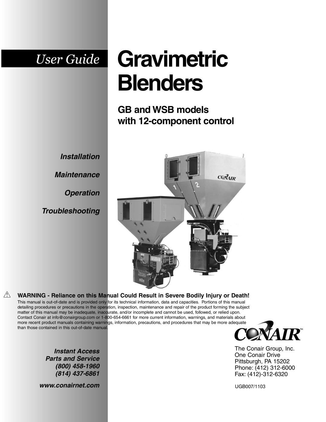 Conair manual GB and WSB models with 12-componentcontrol, Gravimetric Blenders, Installation Maintenance Operation, Fax 