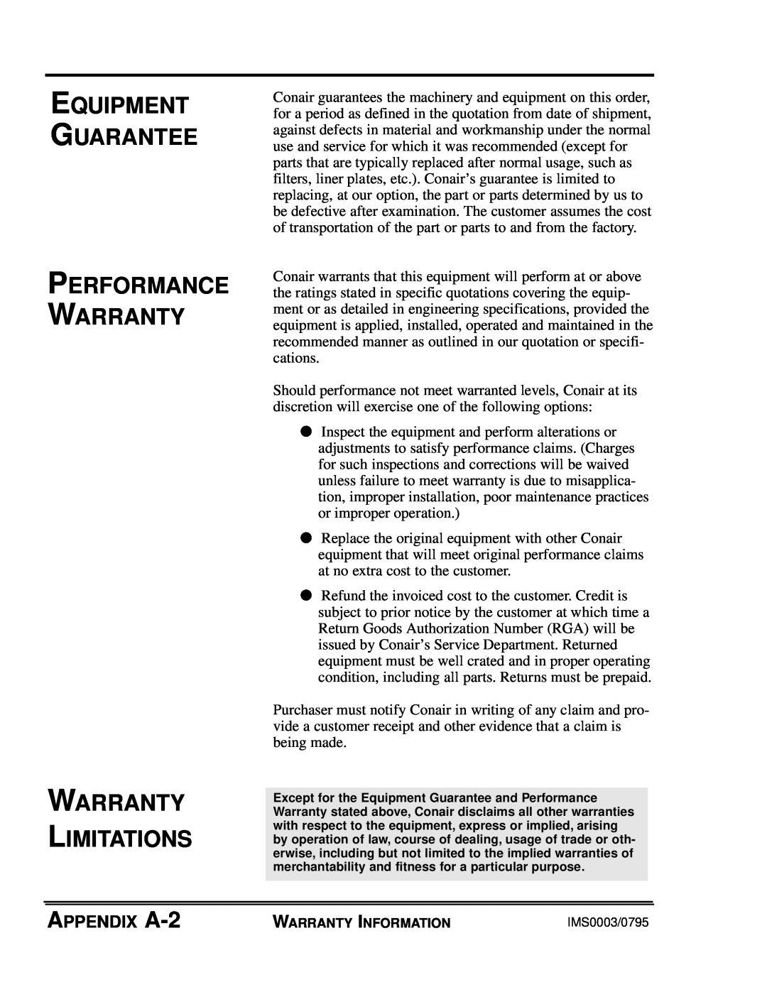Conair GB, WSB manual Equipment Guarantee Performance Warranty, Warranty Limitations, APPENDIX A-2 