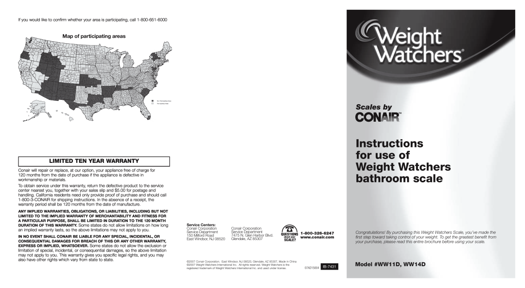 Conair warranty Limited Ten Year Warranty, Model #WW11D, WW14D, Map of participating areas, Scales by 