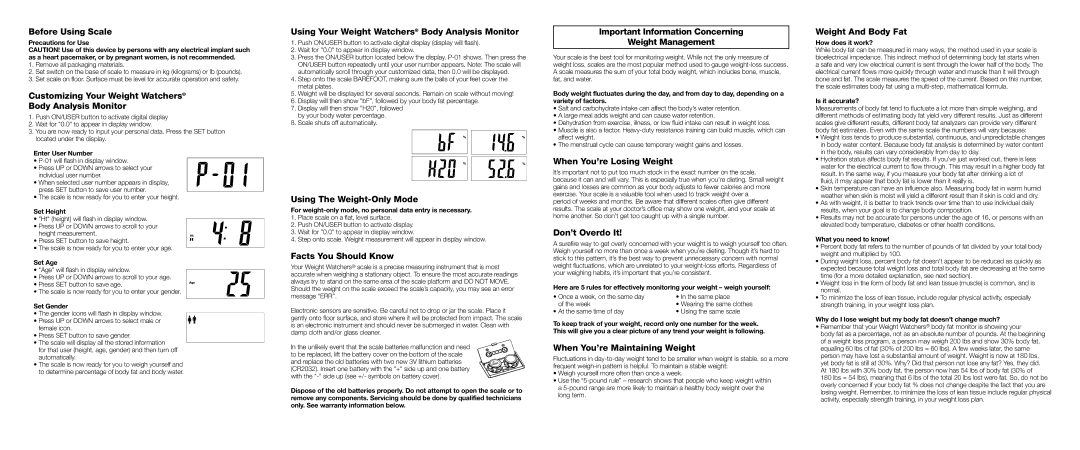 Conair WW31 warranty Before Using Scale, Customizing Your Weight Watchers Body Analysis Monitor, Using The Weight-Only Mode 